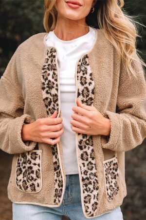 Casual Leopard Print Accent Plush Jacket with Pockets - Image 5