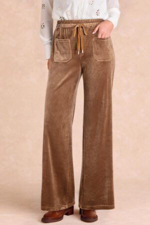 Coffee Straight Loose Drawstring Elastic High Waist Fleece Pants - Image 3