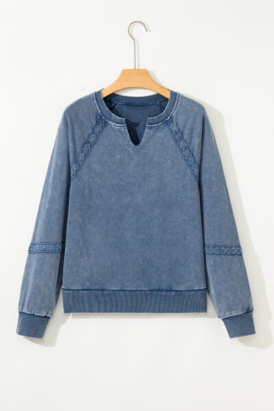 Sail Blue Lace Patchwork Detail Notched Neck Mineral Wash Baggy Sweatshirt