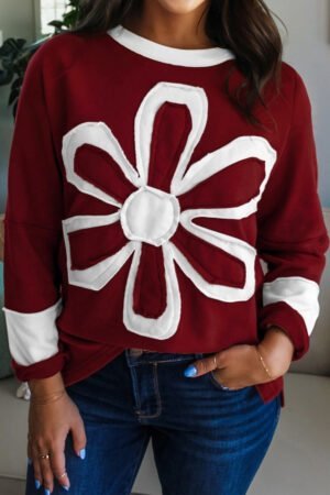 Red Dahlia Cheerful Daisy Flower Patched Round Neck Long Sleeve Top - Image 9