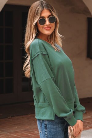 Evergreen Solid Color Raw Seam Patchwork Ribbed Drop Shoulder Sweatshirt - Image 3