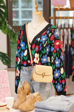 Black Floral Print V Neck Buttoned Short Cardigan Sweater - Image 11