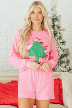 Sachet Pink Plaid Contrasted Double Christmas Tree Patched Raglan Sleeve Pullover 2pcs Short Set - Image 6
