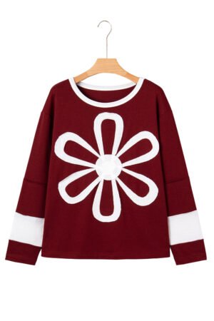 Red Dahlia Cheerful Daisy Flower Patched Round Neck Long Sleeve Top - Image 11