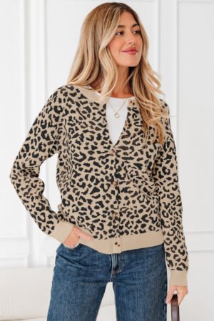 Alternative view of Black Leopard Drop Shoulder Chunky Knitted Cardigan Sweater