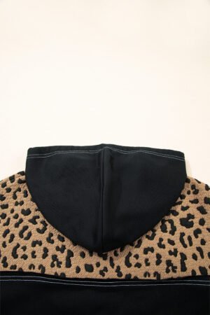 Brown Leopard Patchwork Contrast Stitching Knotted Cuff Quarter Zip Hoodie - Image 9