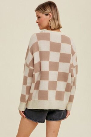 Parchment Checkered Pattern Ribbed Trim Knit Baggy Sweater - Image 2
