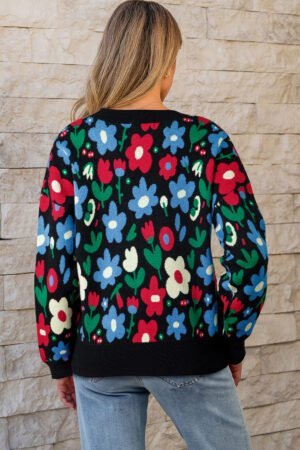 Black Floral Print V Neck Buttoned Short Cardigan Sweater - Image 2