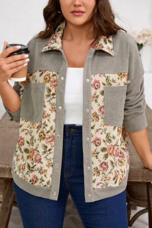 Medium Grey Corduroy Floral Patchwork Vintage Jacket - Image 15