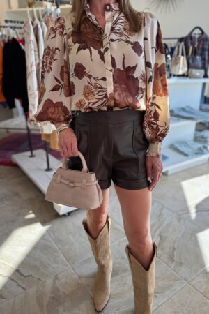 Brown Floral Print Button Down Poet Sleeve Shirt - Image 4