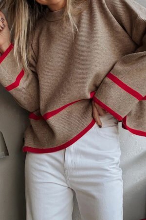 Simply Taupe Ribbed Knit Contrasted Stripe Detail Button Side Loose Sweater - Image 5
