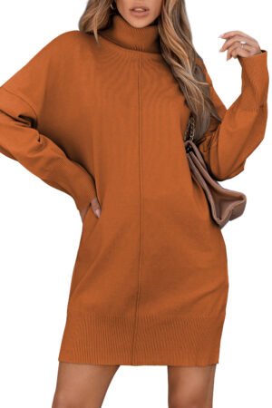 Gold Flame Solid Color Turtleneck Drop Shoulder Loose Sweater Dress - Image 7