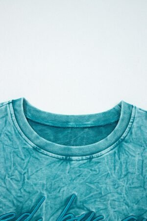 Sea Green saved by grace Letter Embroidery Mineral Wash Loose Sweatshirt - Image 5