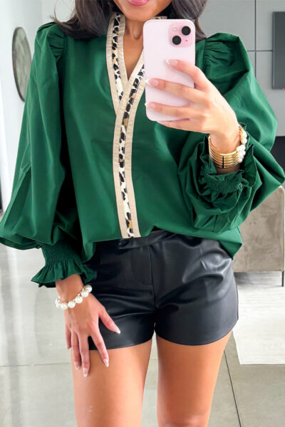 Evergreen Puffy Flounce Sleeve Leopard Trim V Neck Blouse