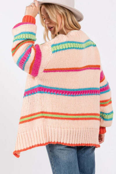 Multicolour Open Front Striped Pattern Knit Oversize Cardigan