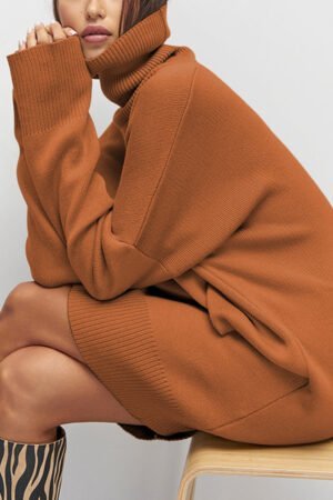 Alternative view of Gold Flame Solid Color Turtleneck Drop Shoulder Loose Sweater Dress