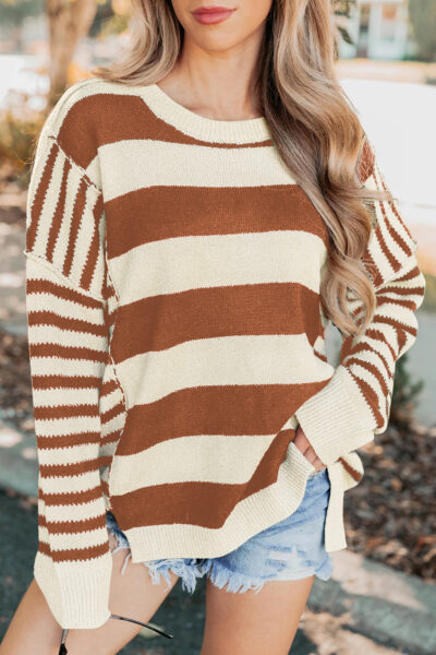 Brown Stripe Drop Shoulder Sleeve Patchwork Baggy Sweater