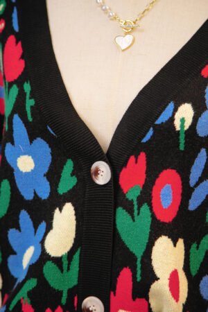 Black Floral Print V Neck Buttoned Short Cardigan Sweater - Image 12