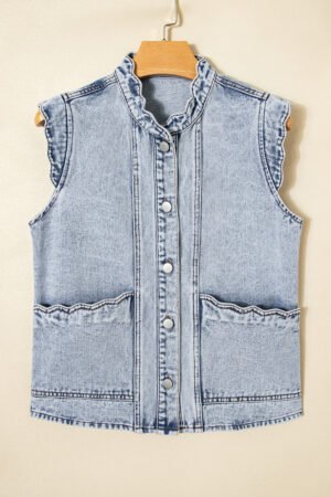 Beau Blue Scalloped Trim Patch Pocket Button Front Denim Vest - Image 6