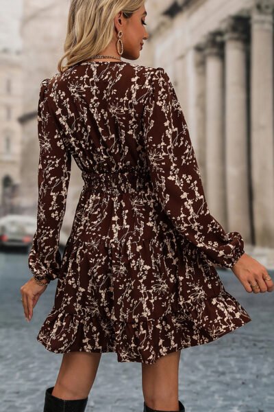 Brown Ditsy Floral Print Split Neck Long Sleeve Shirred Waist Flared Mini Dress