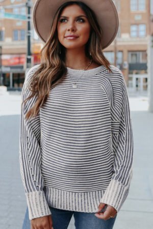 Ashleigh Blue Striped Print Ribbed Knit Boat Neck Baggy Sweater - Image 6