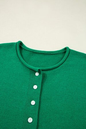 Bright Green Solid Color Knit Button Drop Shoulder Sweater Cardigan - Image 7