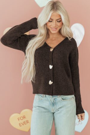 Chicory Coffee Heart Metal Button V Neck Cardigan Sweater - Image 7