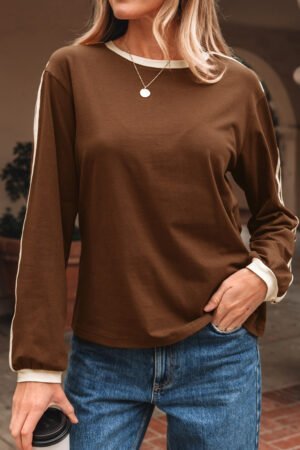 Dark Brown Varsity Striped Accent Contrast Crew Neck Long Sleeve T Shirt - Image 15