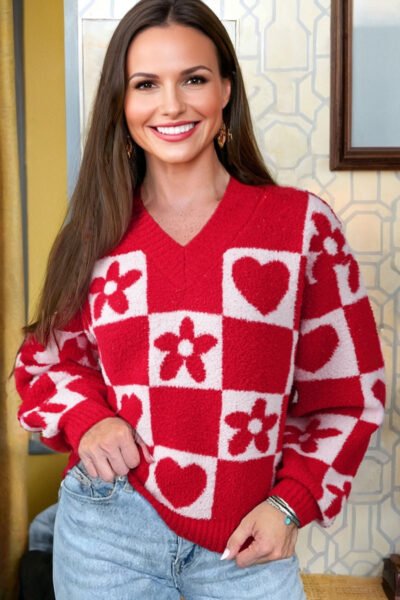 Fiery Red V Neck Flower Heart Detail Checkered Knit Loose Sweater