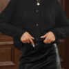 Black Solid Color Textured Detail Button Down Long Sleeve Sweater Cardigan