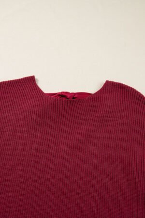 Red Dahlia Ribbed Knit Ribbon Knot Backless Drop Shoulder Sweater - Image 7