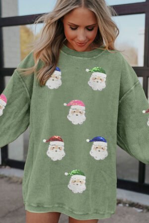 Grass Green Corded Ribbed Sequin Patched Santa Claus Graphic Sweatshirt - Image 6