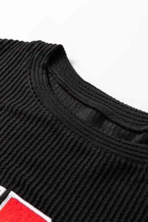 Black Twisted Rib Outlined Merry Letter Graphic Loose Long Sleeve Top - Image 6
