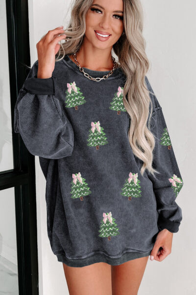 Gray Ribbed Round Neck Sequin Christmas Tree Patched Baggy Sweatshirt