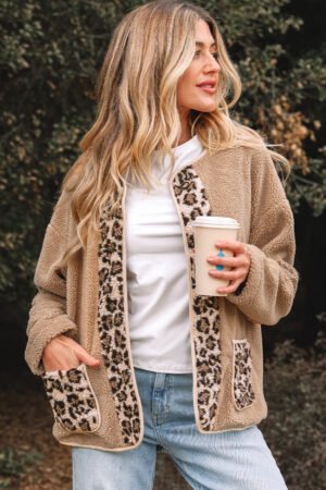 Casual Leopard Print Accent Plush Jacket with Pockets - Image 3