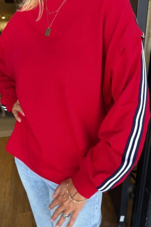 Fiery Red Contrast Striped Detail Varsity Sweatshirt - Image 2