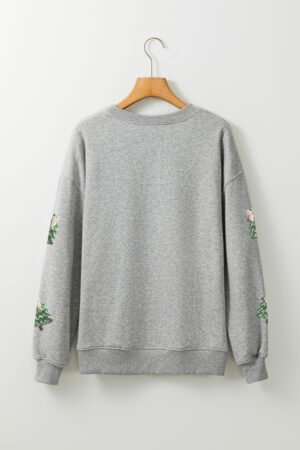 Gray Sequined Xmas Tree Patched Patterned Holiday Pullover Sweatshirt - Image 4
