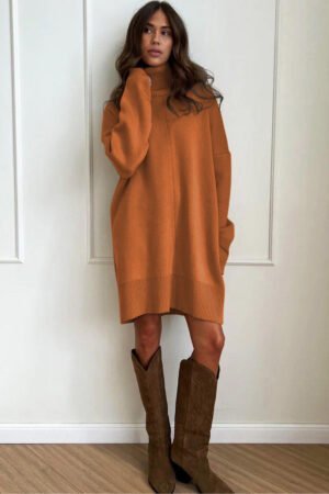 Gold Flame Solid Color Turtleneck Drop Shoulder Loose Sweater Dress - Image 3