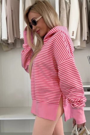 Rose Stripe Thumbhole Side Slits Drop Shoulder Loose Fit Hoodie - Image 3