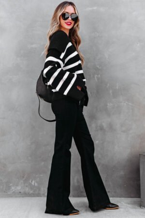 Black Caped V Neck Slit Sleeve Striped/Solid Sweater - Image 3