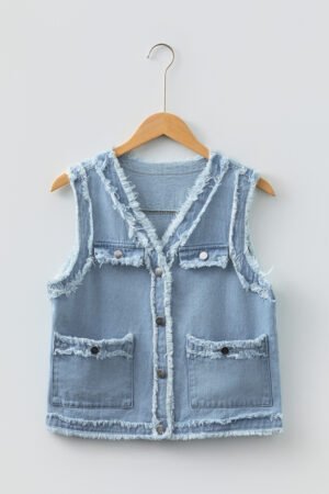 Beau Blue Frayed Edge Flap Pockets Denim Vest Jacket - Image 6
