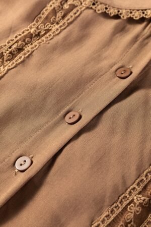Straw Yellow Lace Trim Peter Pan Collar Long Sleeve Mini Shirt Dress - Image 11