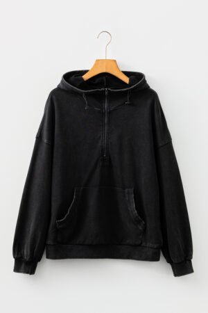 Black Half Zip Kangaroo Pocket Mineral Wash Baggy Hoodie - Image 5