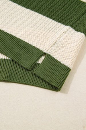 Green Stripe Colorblock Notched Neck Plus Size Sweater - Image 7