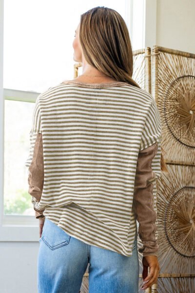 Khaki Stripe Thermal Knit Drop Shoulder Casual Top