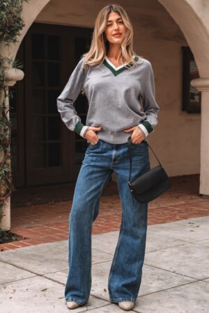 Gray Contrast Striped Trim V Neck Varsity Sweater - Image 5