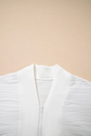 White Solid Color Textured Zip V Neck Pullover Sweatshirt - Image 5