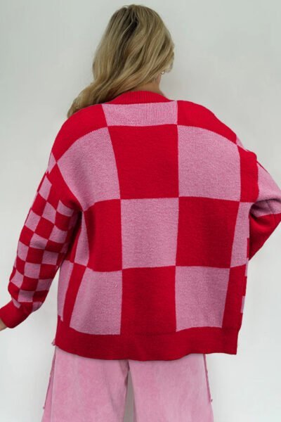 Alternative view of Fiery Red Mixed Plaid Relaxed Sweater Cardigan