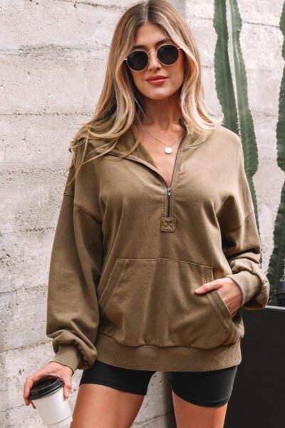 Elmwood Half Zip Kangaroo Pocket Mineral Wash Baggy Hoodie