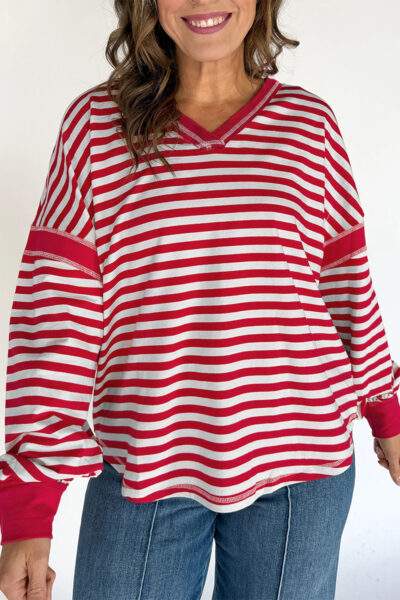 Red Stripe Exposed Seam V Neck Balloon Sleeve Pullover